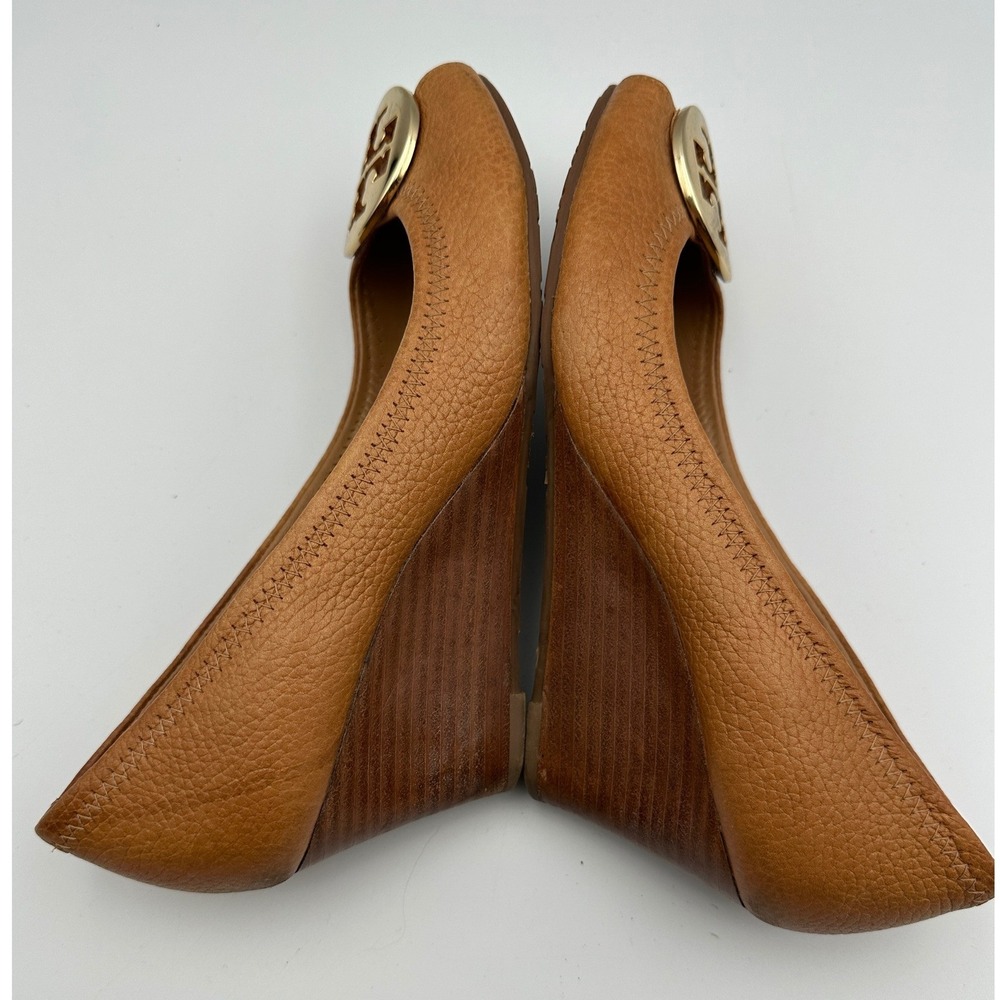 Tory Burch Sally Gold Peep Toe Wedge Heels Shoes Royal Tan‎ Leather 6.5 Designer - Picture 6 of 12